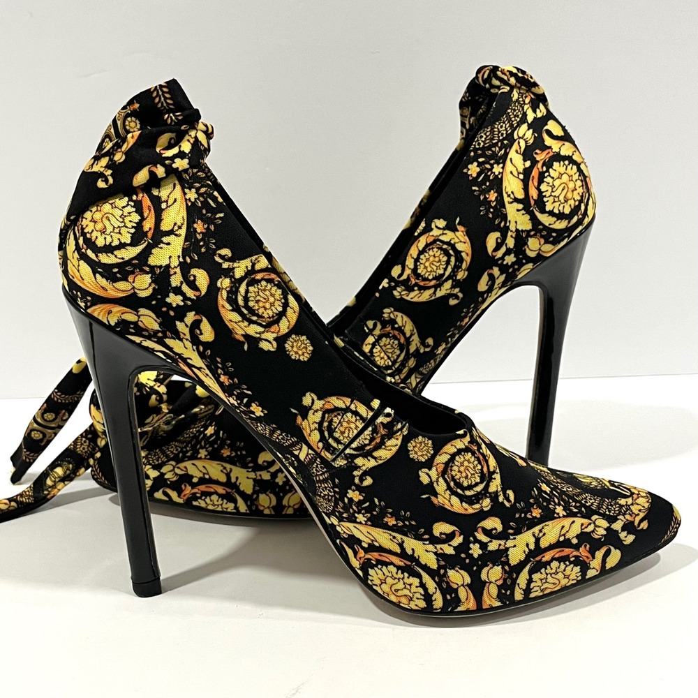 Shoedazzle Ethelina Black Gold Baroque Crown Print Ankle Tie Stiletto Pumps 7.5